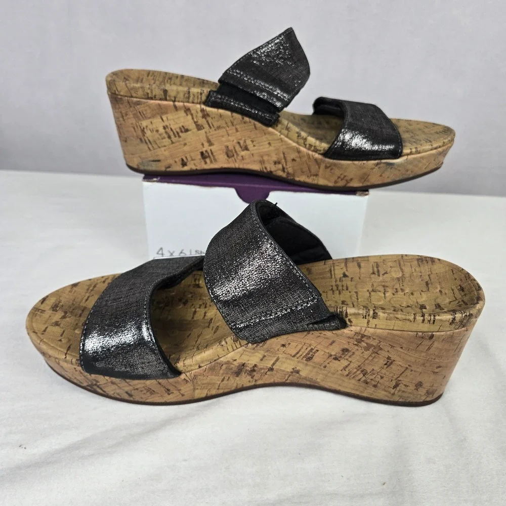 Vionic Pepper Foil Black Metallic Cork Wedge Platform Slide Sandals Womens 8
